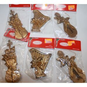 New Vintage 6PC SSCO 5.5" Hard Plastic Gold Musical Instrument Ornaments